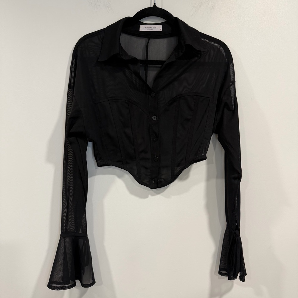 JW SIGNATURE Corset Shirt Women’s Black Sheer Mesh Collared Size S
